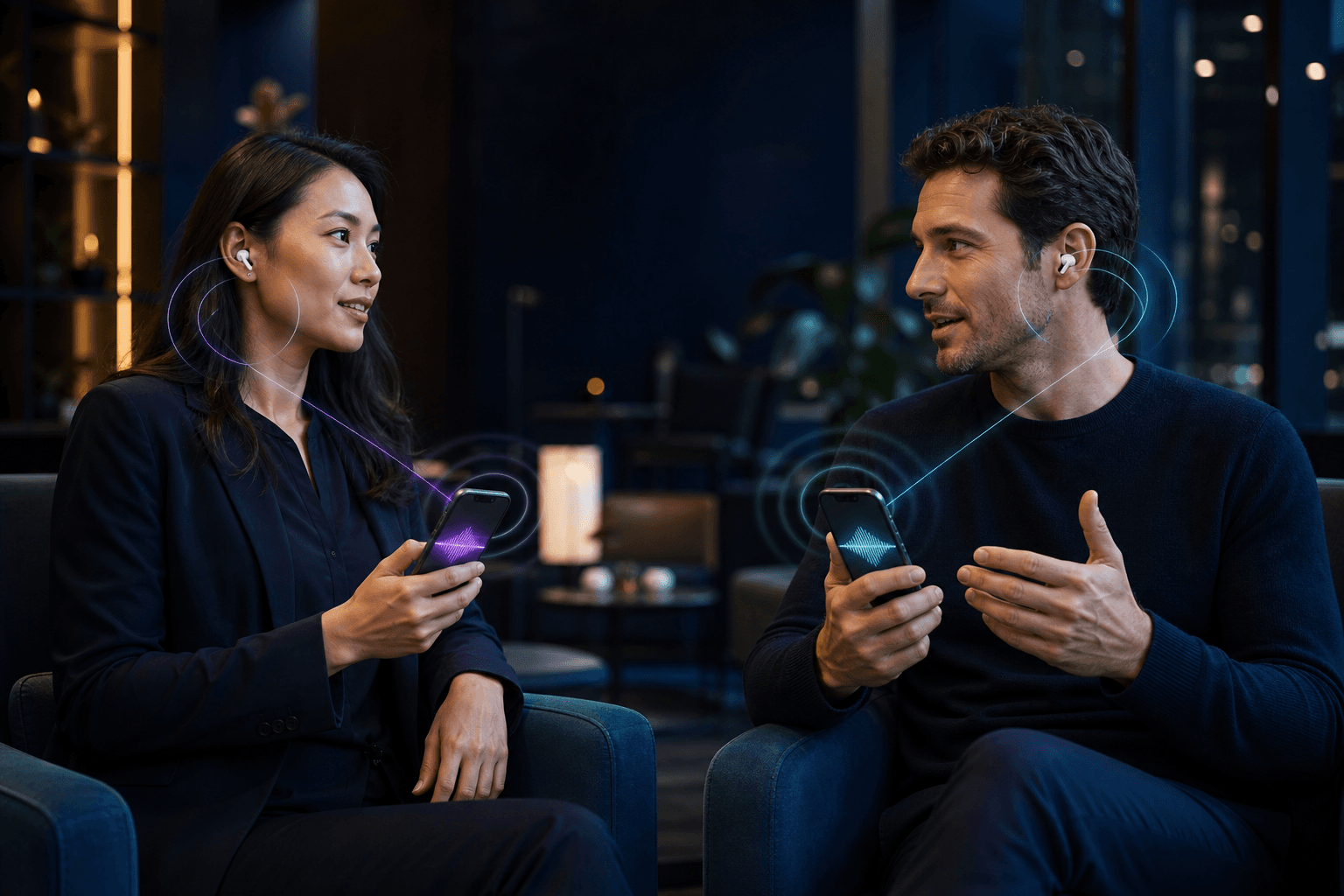 Two people each using a phone and wireless earbuds for private translation