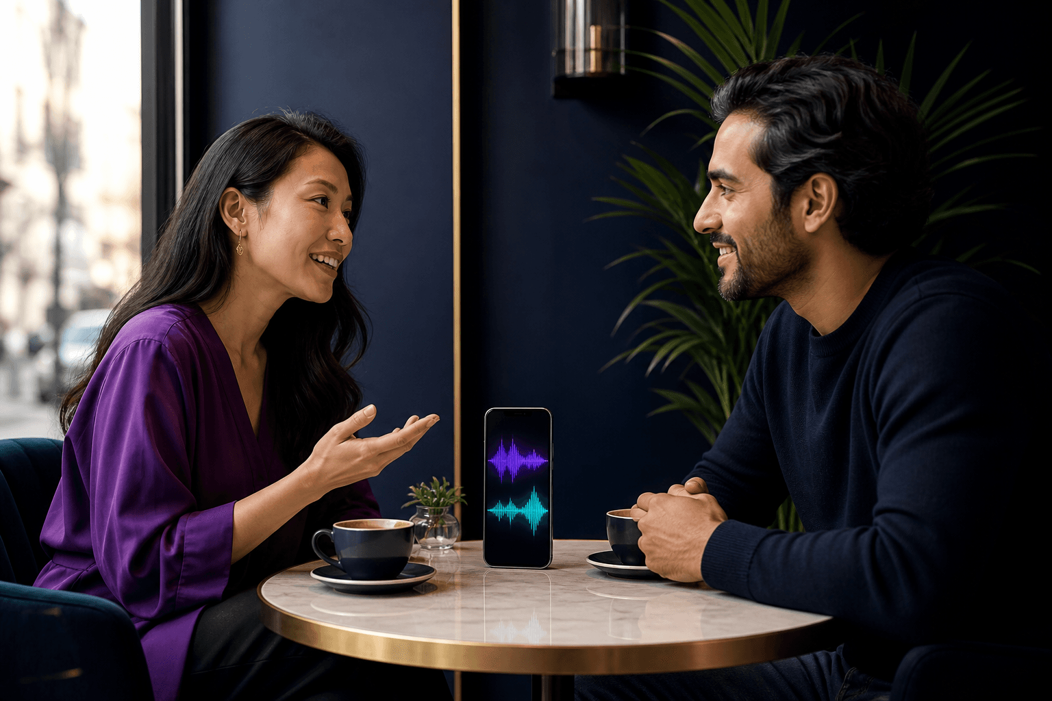 Two people talking with one shared phone between them