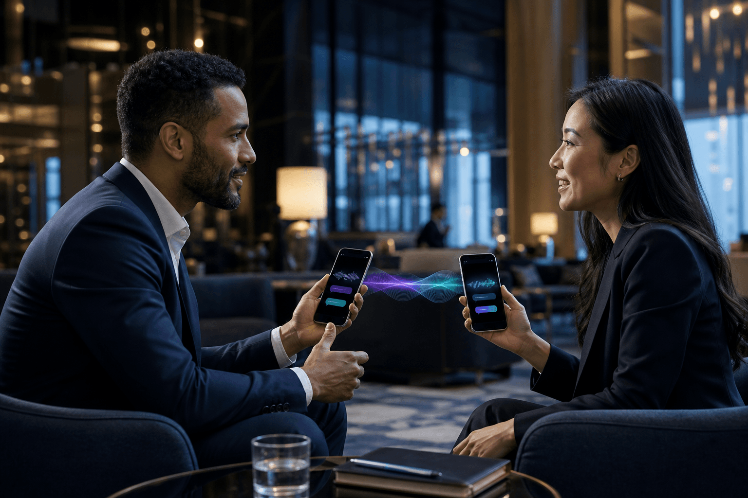 Two people each holding a phone in a linked translation room