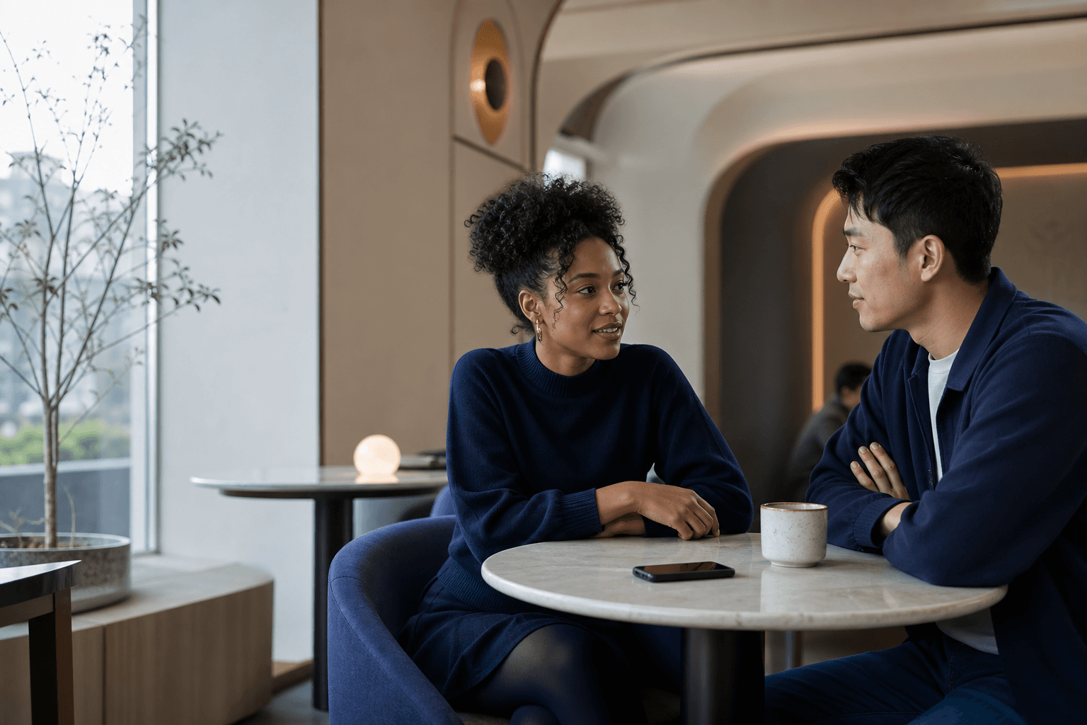 Two people using Tolkivo during a natural cafe conversation