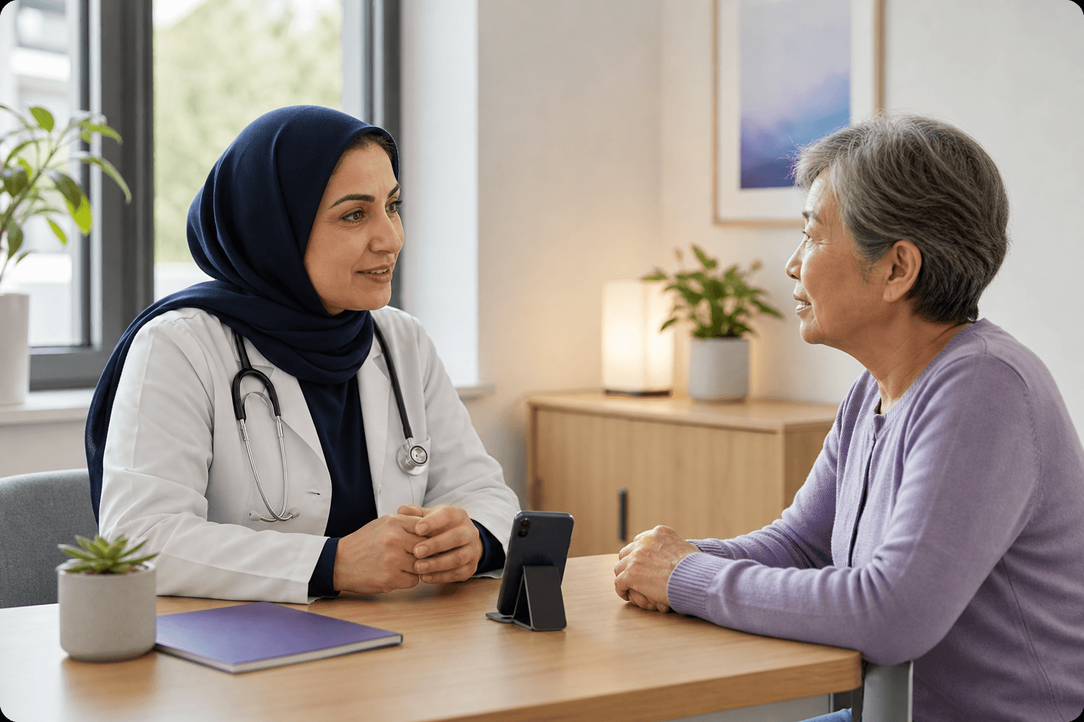 A doctor and patient using a phone to bridge languages